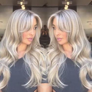 Imagem de Peruca de cabelo humano 13 x 4 sem cola, com destaque frontal total, cabelo humano pré-arrancado, pré cortado, balayage, loiro, marrom, ondulado, ondulado, perucas longas, UHD Lace Front Wig Remy