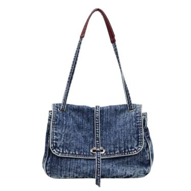 Imagem de Bolsa jeans fashion casual retrô estética transversal bolsa jeans bolsa de ombro bolsa de ombro bolsa mensageiro para mulheres, Azul, Bolsas jeans femininas