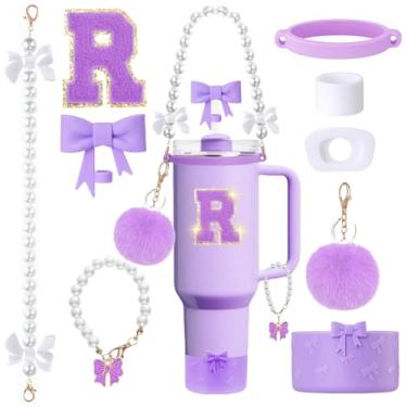 Imagem de MOTEERLLU Conjunto de acessórios de copo Stanley roxo de 9 peças para copo de 850 g 1,644 g com alça, incluindo enfeite de palha de arco e bota, alça de alça de pérola e pingente de alça, adesivo de