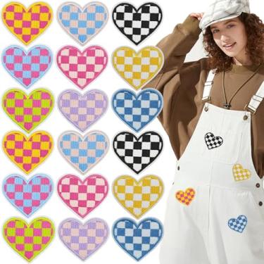 Imagem de KuuGuu 18 peças de remendos de coração de ferro em treliça fofo coração costurado em patches quadriculado simples moda bordado aplique decorativo para roupas, bolsas, jaquetas, jeans, faça você mesmo