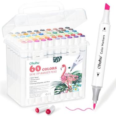 Imagem de Ohuhu Marcador à base de água : 60 cores, novo pincel, ponta dupla, marcador artístico à base de água para colorir, caligrafia, desenho, esboço, diário com 1 liquidificador incolor e estojo