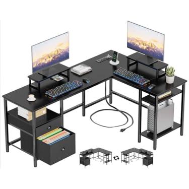 Imagem de Furologee Mesa de 150 cm em forma de L com tomada elétrica, mesa de computador reversível com gaveta de arquivos e 2 suportes de monitor, mesa de canto para escritório doméstico com prateleiras de