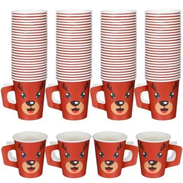 Imagem de Mumufy 100 peças de copos de Natal com alças 255.1 g Copos de papel descartáveis de café de Natal para chocolate quente, cacau e bebidas em massa para festas de fim de ano (renas)