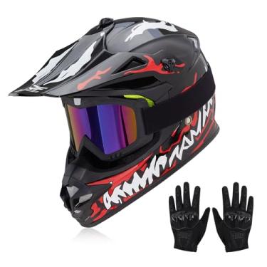 Imagem de JQF Gear Capacetes infantis de motocross off-road ATV BMX MX Dirtbike Capacete de motocicleta J-01 com óculos e luvas Aprovado pelo DOT (Glassy-Venoms, G)