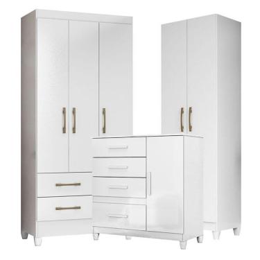 Imagem de Guarda Roupa Infantil Lima Com Cômoda Vênus Com Pés E Armário Multiuso New íris Branco Brilho – Moval