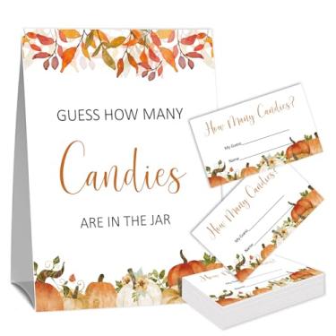 Imagem de Jogo de chá de bebê de outono, adivinhar quantos doces estão no pote (1 placa de abóbora em pé e 50 cartões), jogos de aniversário de chá de casamento de outono, suprimentos de festa de jogo de cartas