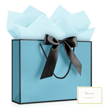 Imagem de JMANNI 1 bolsa de presente grande com fita e 1 cartão de felicitações, 2 papéis de seda, bolsa de presente de papel portátil com alças, sacos de presente de aniversário para festa de casamento, dia