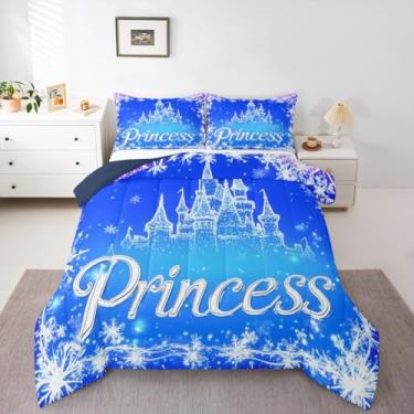 Imagem de Feelyou Conjunto de edredom castelo de floco de neve, todas as estações, castelo azul, com 1 fronha, microfibra de conto de fadas, roupa de cama de solteiro, presente de Natal e inverno, edredom macio