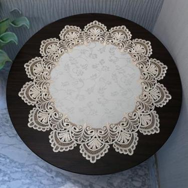 Imagem de Toalha de mesa de cabeceira redonda capa de mesa de renda macramê toalha de mesa clássica jacquard pequena toalha de mesa de linho toalha de mesa para cômoda cachecol para casamento, férias, festa