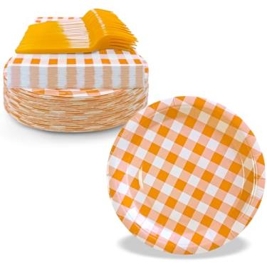 Imagem de WYQJHKV Serve 35 convidados, suprimentos de festa de guingão laranja incluem pratos e guardanapos descartáveis de papel de sobremesa laranja de 17 cm para festa de aniversário de casamento, chá de