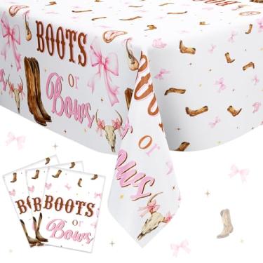 Imagem de Sursurprise Botas ou laços, decorações de revelação de gênero, 3 peças de toalhas de mesa de botas ou laços, capas de mesa retangulares descartáveis de plástico para revelação de gênero, suprimentos