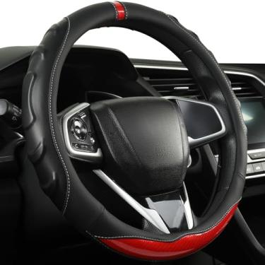 Imagem de Capas de volante de couro, massagem de fibra de carbono antiderrapante, serve para a maioria dos carros Sedan SUV Vans (vermelho, tamanho padrão [37-38 cm])