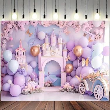 Imagem de AlELCJY Pano de fundo de castelo roxo arco balão floral castelo menina festa de aniversário rosa castelo princesa menina 1º aniversário decoração flor castelo bolo esmagamento pano de fundo para fotos