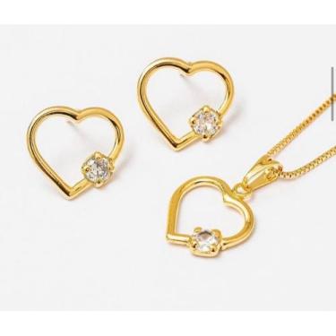 Imagem de Conjunto brinco e colar de coração com ponto de luz bijoteria