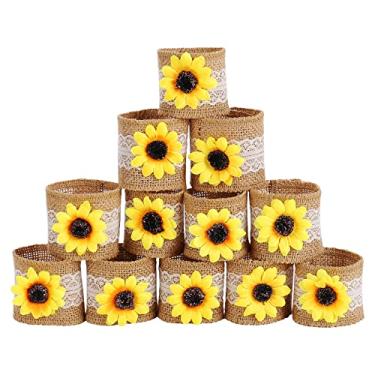 Imagem de LogHog Conjunto de 6 anéis de guardanapo de girassol, anel de suporte de fivela de linho feito à mão para casamento, dia dos namorados, banquete, Natal, Dia de Ação de Graças, piquenique, decoração de mesa, pulseira de casamento (amarelo)