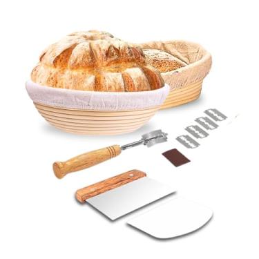 Imagem de Banneton Conjunto de cesta à prova de pão – Cesta oval e redonda à prova de fermento com capa, raspador de metal e plástico, com capa de couro e 5 lâminas – ferramentas e suprimentos para fazer pão
