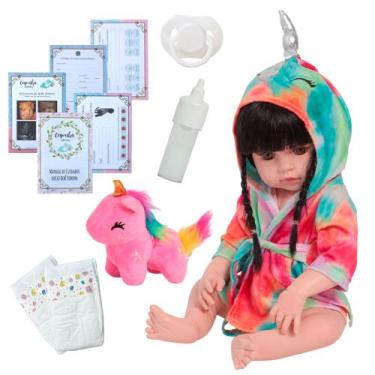 Imagem de Bebe Reborn Boneca Menina Cabelo Longo Roupão Unicórnio - Cegonha Rebo