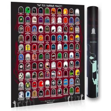 Imagem de Atlas & Green Pôster dos 100 melhores filmes de terror. Pôster dos 100 melhores filmes de terror Scratch Off com tubo de presente