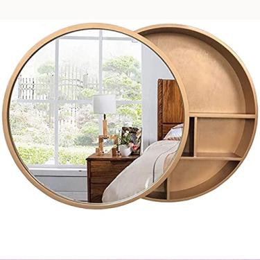 Imagem de AKALNNB Espelho de banheiro redondo com armário, espelho de maquiagem com armário de banheiro montado na parede, armário de remédios com moldura de madeira de fechamento lento de 3 níveis