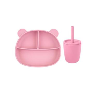 Imagem de Kit Prato Ursinho Com 3 Divisórias E Copo Com Canudo De Silicone Para Bebês (ROSA)