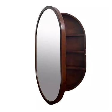 Imagem de AKALNNB Espelho de maquiagem de banheiro de 71 cm com armário de remédios, armário oval de banheiro com porta, espelhos decorativos pendurados com armazenamento, moldura de madeira, Shatter-Pro