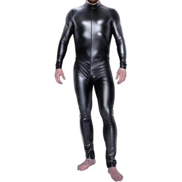 Imagem de Macacão De Couro Envernizado Brilhante Masculino Mangas Compridas Corpo Inteiro Sexy Látex Apertado Zíper Macacão Roupas De Borracha Olhar Molhado Clubwear, Black, XXL