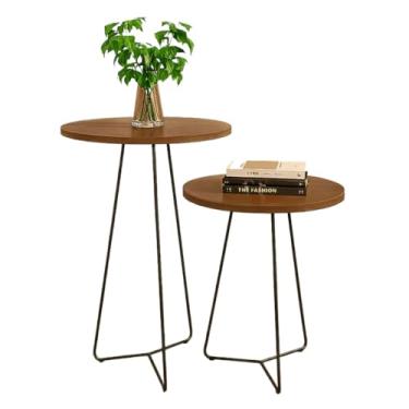 Imagem de Mesa de Canto para Sala, Mesa de Canto Industrial, Kit 2 Mesas Apoio Lateral Redonda Pés de Ferro Preto(Freijó)