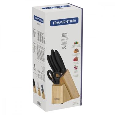 Imagem de Jogo de Facas Tramontina Plenus com Laminas em Aço Inox Cabos de Polipropileno Preto e Suporte de Madeira 6 Peças