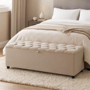 Imagem de Báu Estofado alongado tamanho King em Suede Bege elegante e resistente 50x185x42