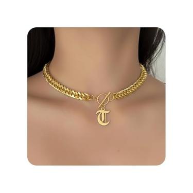 Imagem de ADEMISHIA Colar feminino com inicial inglesa antiga em ouro 18 K, delicado pingente A-Z com corrente cubana de aço inoxidável, gargantilha grossa, colar gargantilha para presente de Halloween e Natal