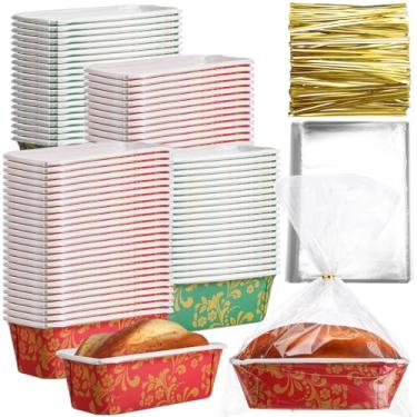 Imagem de Vesici 100 conjuntos de formas de pão de papel de Natal para assar 15 x 5 x 5 cm, forros de forma de bolo descartáveis com sacos plásticos transparentes e laços de papel retangular de Natal para
