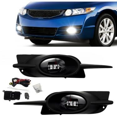 Imagem de Conjunto de faróis de neblina de LED compatível com Honda Civic 2009 2010 2011 faróis de neblina dianteiros com lâmpadas de halogêneo e kit de interruptor e fiação (lente transparente)