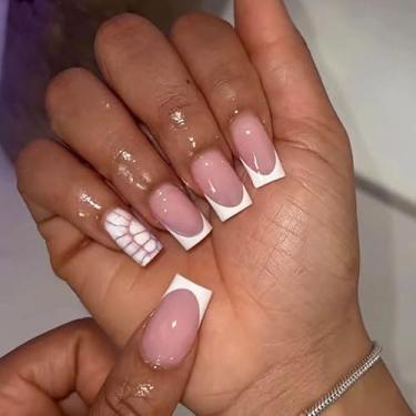 Imagem de Kit de unhas de pressão quadradas médias francesas brancas falsas com design abstrato de moda cobertura completa prensa acrílico artificial bastão falso em unha para mulheres uso diário casamento 24