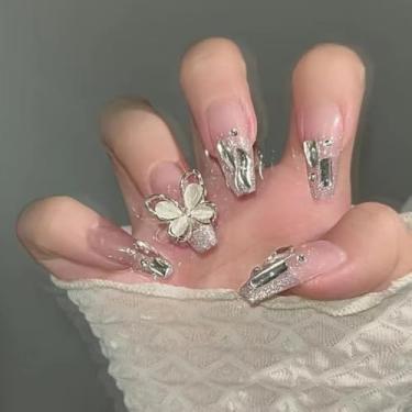 Imagem de Kit Press on Nails Pregos postiços de Caixão Médio Longo com Design Glitter, Pressionar Acrílico Artificial Cobertura Completa Falso Stick on Nail para Mulheres Uso Diário Manicure Casamento 24 Peças