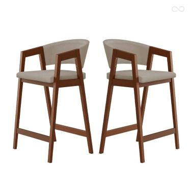 Imagem de Kit 2 Banquetas Alta de Madeira Maciça Pinhão Ravena com Encosto Suede Bege CCS