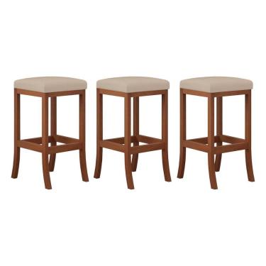 Imagem de Kit 3 Banquetas Média Estofada para Cozinha Barcelona Madeira Castanho Suede CCS