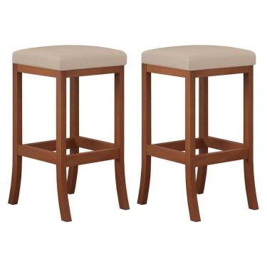 Imagem de Kit 2 Banquetas Média Estofada Barcelona 38x64Cm Bancada Madeira Maciça Castanho Suede Bege - CCS