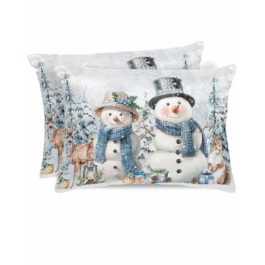 Imagem de Wotrend Capas de almofada de Natal, boneco de neve, alce, esquilo, pinheiro, neve, cetim, capas de almofada, super macias, capas de almofada de tamanho padrão, conjunto de 2 (50 x 66 cm)