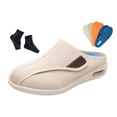 Imagem de Chinelos Homem Para Diabéticos Chinelos De Homem Ajustáveis ​​para Edema Diabético E Inchaço Largos, Calçado Largo E Confortável Idosos Ao Ar Livre Com 3 Pares Palmilhas Substituição(Beige,45 EU)
