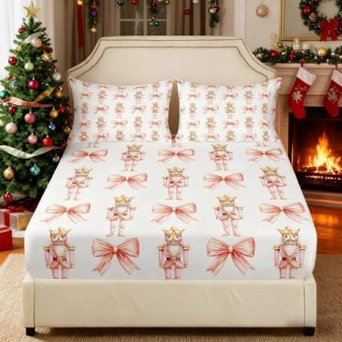 Imagem de Jogo de lençol casal com desenho animado Quebra-Nozes, laço rosa, princesa romântica, decoração de quarto de meninas, mulheres, balé, feliz Natal, gravata borboleta sonhadora, lençol com elástico, 2