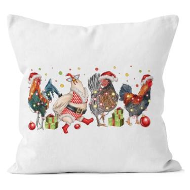 Imagem de WNAGT Capas de travesseiro engraçadas de Natal de frango 45,7 x 45,7 cm, presentes para donos da mãe, humor, Natal, chapéu de Papai Noel, galo, galo, galinha, decoração para sofá, quarto, sala de