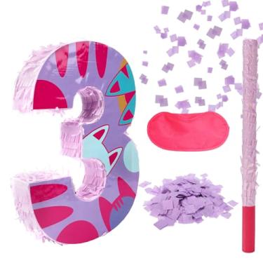 Imagem de Conjunto Pinhatas com Número Gato, Pinhata Aniversário com Tema Bastão Bater Tapa Olho Pedaços Papel Decorações Festa de Aniversário Fáceis de Pendurar para Meninos Meninas (Número 3)