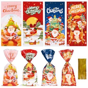 Imagem de Egofine Sacos de guloseimas de celofane de Natal, 100 unidades de sacos plásticos transparentes de Natal para embalagem de biscoitos de lanche