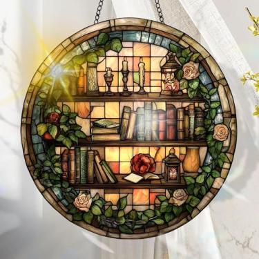 Imagem de Apanhador solar de acrílico colorido, decoração de janela para pendurar livros com design de vitral impresso, apanhador de sol, arte de parede de arco-íris, ideia de presente e ornamento de jardim