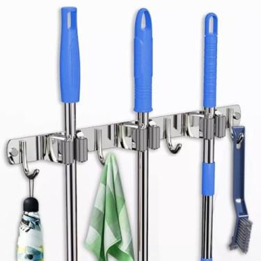 Imagem de Suporte para Vassouras e Rodo de Parede - Gancho de Aço Inoxidável com Prateleira para Organizar Mop, Vassoura e Utensílios de Limpeza