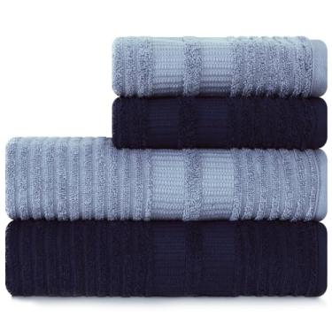 Imagem de Jogo de Toalhas 4 Peças Banhão e Rosto 100% Algodão - Brisa - Karsten (Azul Claro com Azul Escuro)