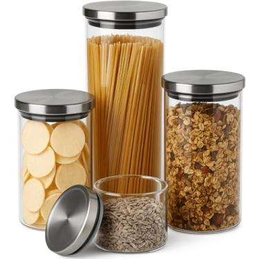 Imagem de Conjunto de Potes de Vidro com Tampa de Aço Inoxidável, Recipientes Herméticos para Cozinha, 4 Peças, Armazenamento de Alimentos