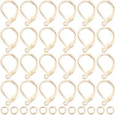 Imagem de Beebeecraft 1 caixa de 30 peças ganchos de brinco francês com fecho de alavanca, aço inoxidável banhado a ouro 24 K, achados de gancho com 30 peças de anéis de salto de latão para fazer joias, brincos