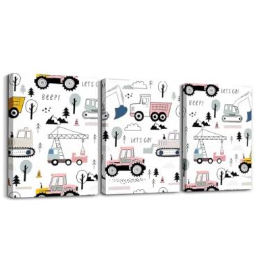Imagem de Conjunto de 3 arte de parede em tela de carro de desenho animado, trator caminhão, escavadeira, tela, decoração de parede, arte doméstica, rosa, branco, moderno, para crianças, meninos, sala de jogos