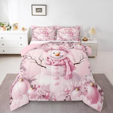 Imagem de Feelyou Conjunto de edredom infantil com boneco de neve rosa, decoração de Natal, edredom para quarto de crianças, meninos, meninas, floco de neve, microfibra, ultramacio, respirável